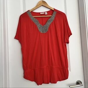 Chico's Red Short Sleeve Top with Silver Beaded Embroidered details Size 1 M